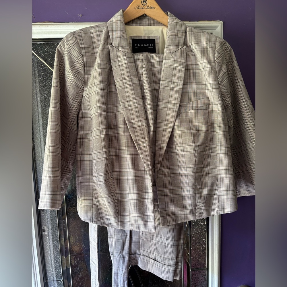 Eloquii Plaid Checkered 2 Pc Suit Crop Blazer & Matching Cuffed Pants w/Sash 14